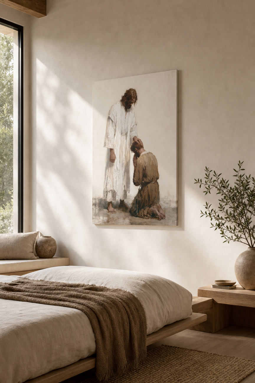 Bedroom with a large oil painting of a man kneeling before Jesus Christ, joining his hands, in prayer.