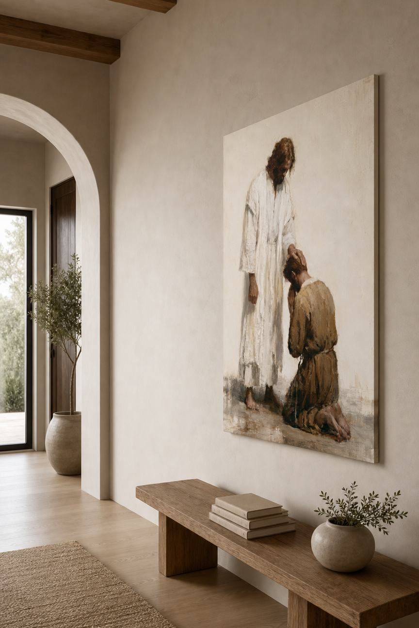 Entryway with a large Christian wall art of a man kneeling before Jesus Christ, joining his hands, in prayer.
