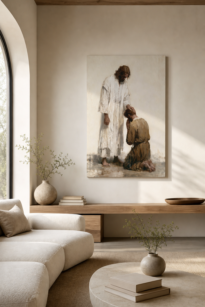 Living room with a large painting of a man kneeling before Jesus Christ in prayer.
