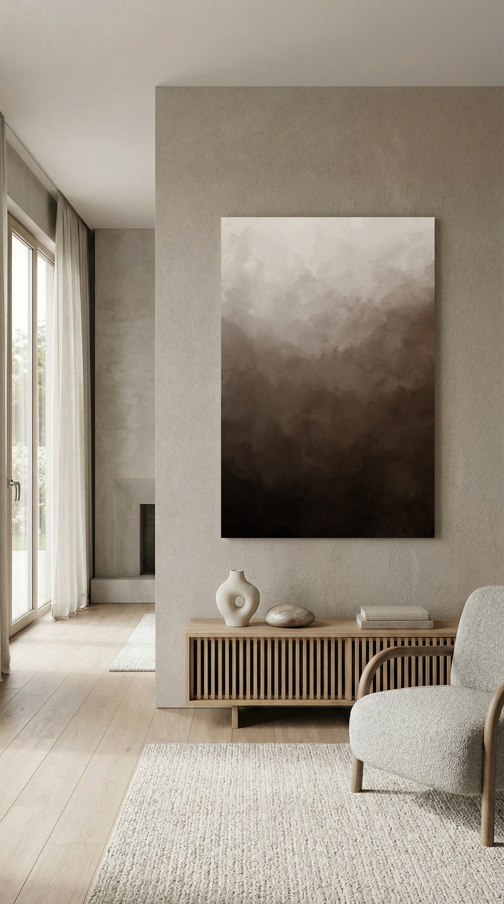 Modern living room with a large abstract painting of the healed woman on the wall in neutral, earthy colors. The painting depicts the Bible verse: "Daughter, your faith has healed you. Go in peace." — Luke 8:48.