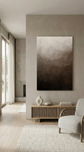 Modern living room with a large abstract painting of the healed woman on the wall in neutral, earthy colors. The painting depicts the Bible verse: "Daughter, your faith has healed you. Go in peace." — Luke 8:48.