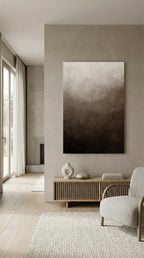 Modern living room with a large abstract painting of the healed woman on the wall in neutral, earthy colors. The painting depicts the Bible verse: "Daughter, your faith has healed you. Go in peace." — Luke 8:48.