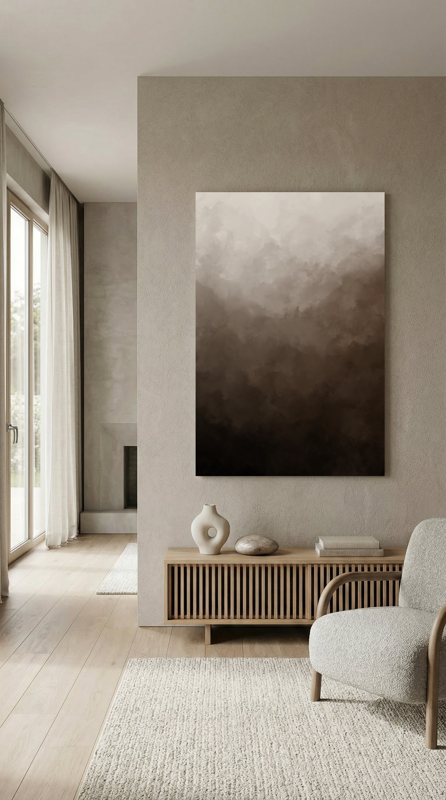 Modern living room with a large abstract painting of the healed woman on the wall in neutral, earthy colors. The painting depicts the Bible verse: "Daughter, your faith has healed you. Go in peace." — Luke 8:48.